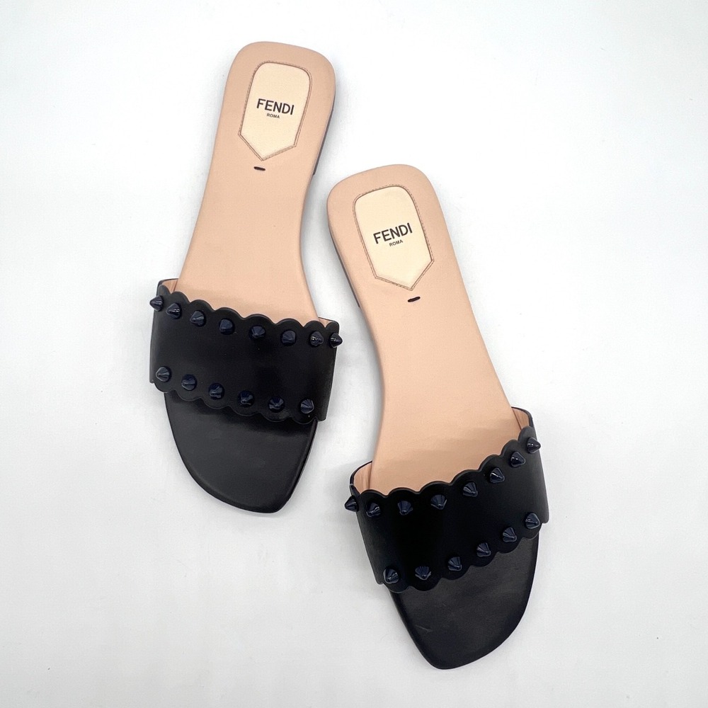 Fendi Sandalo Vitello Borchie Sz 41 Flat Studded Slide Black Navy W Bag $550 - Picture 2 of 9